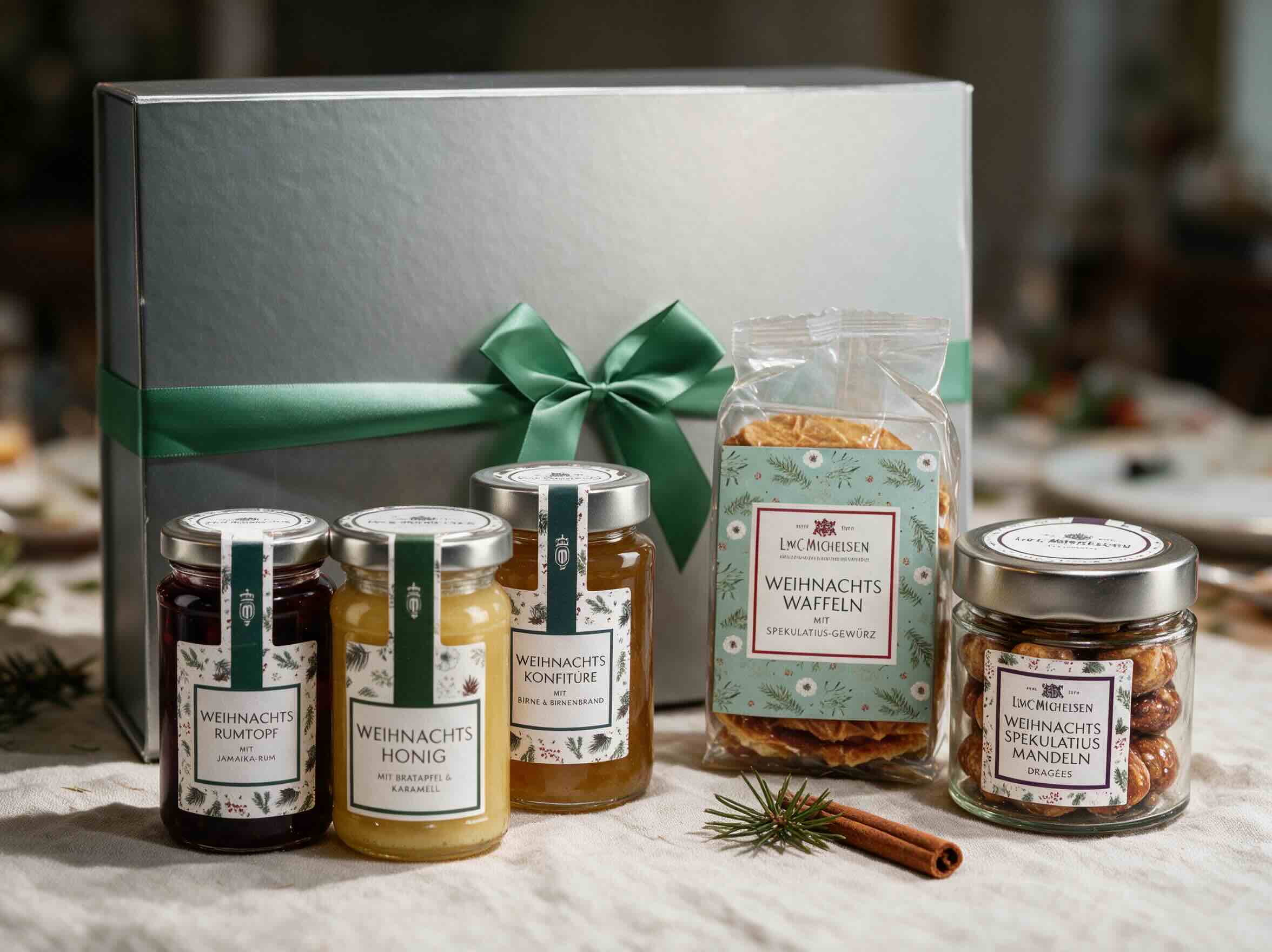 Weihnachtsspezialitäten-Geschenkbox — Rumtopf-Früchte, Konfitüre, Honig und Waffeln in der Magnetbox