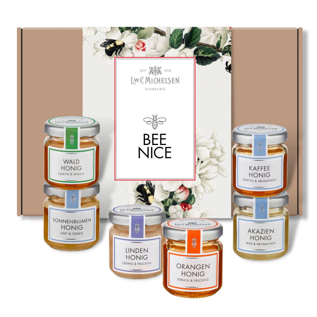 6er Set Honig - BEE Nice - Geschenk-Schachtel: Honigvielfalt für besondere Genussmomente