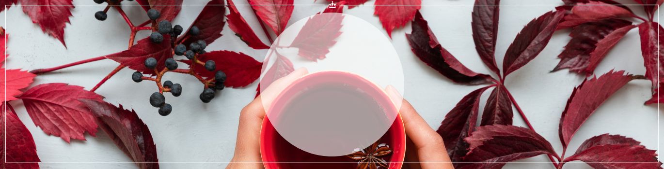 Nahaufnahme von Händen, die eine rote Tasse mit einem warmen Getränk halten, umgeben von roten Herbstblättern und dunklen Beeren auf einem hellen Untergrund