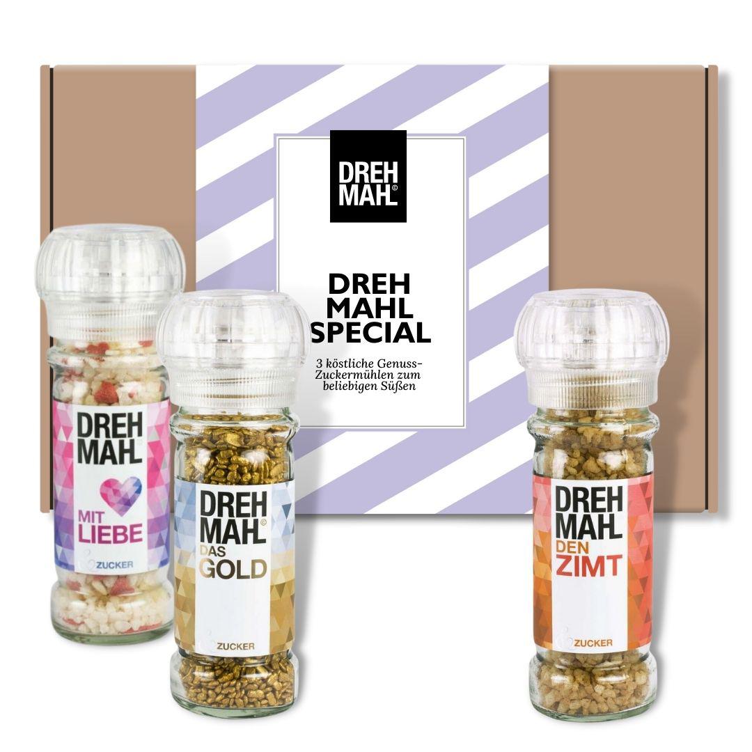 3er Set DREHMAHL "Special" - Geschenk-Schachtel: Exquisite Zuckermühlen für besondere Genussmomente