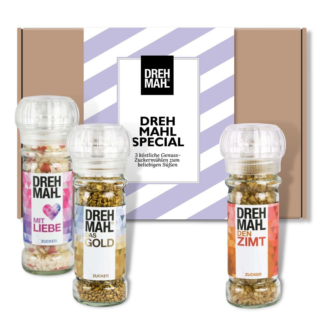 3er Set DREHMAHL "Special" - Geschenk-Schachtel: Exquisite Zuckermühlen für besondere Genussmomente