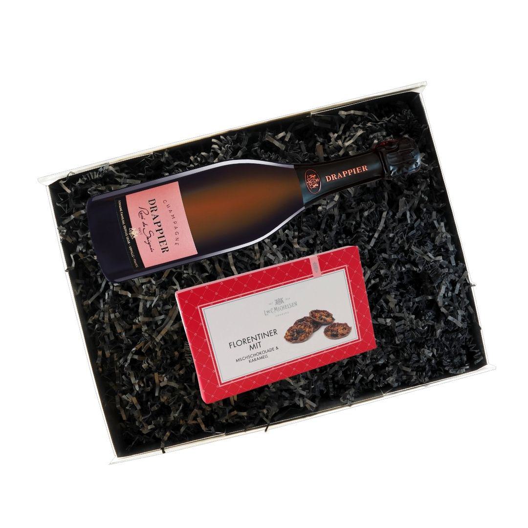 Geschenkbox geöffnet: Champagne Drappier & Florentiner-Packung