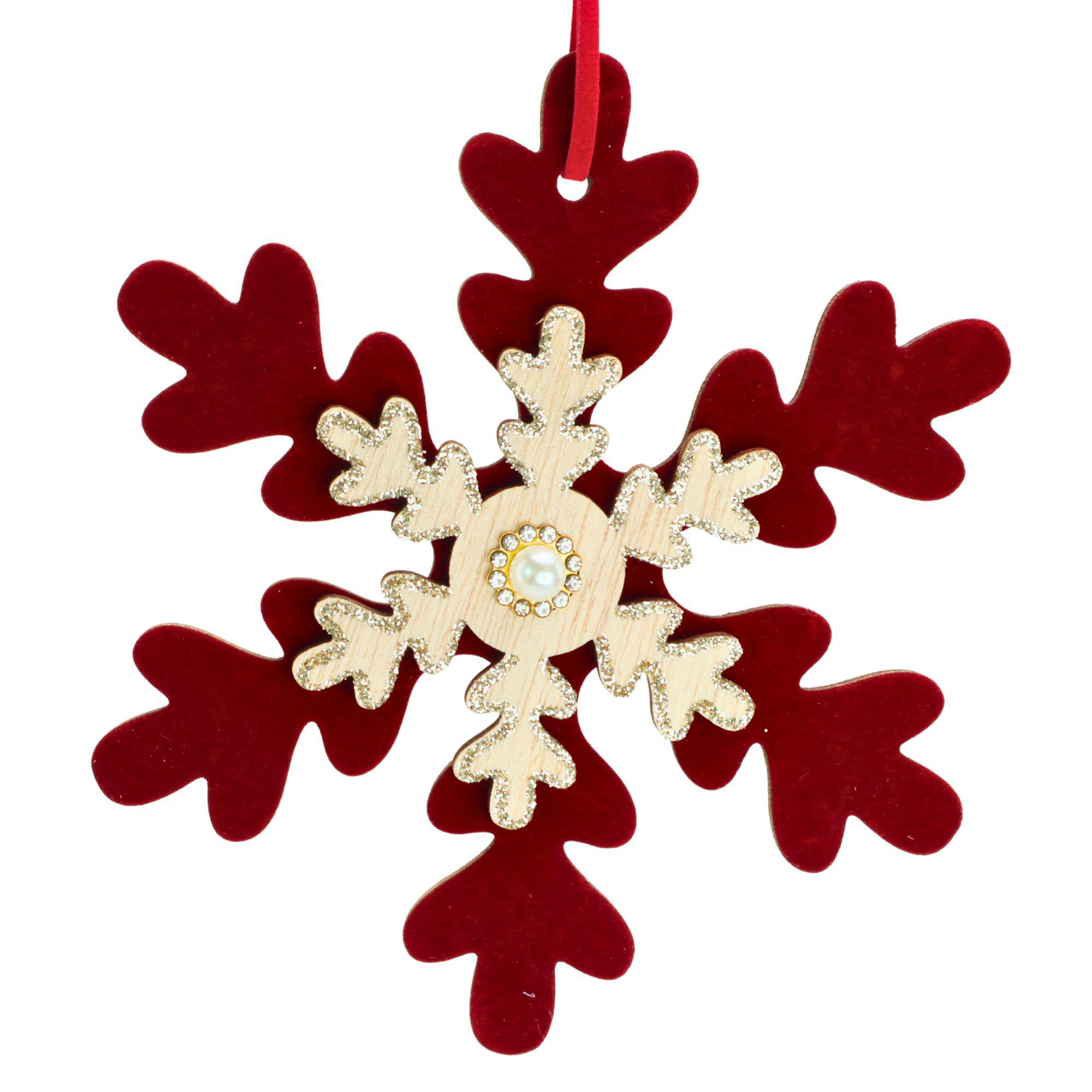 Holz-Schneeflocke mit rotem Samt – Festliche Weihnachtsdeko, 12,5 cm
