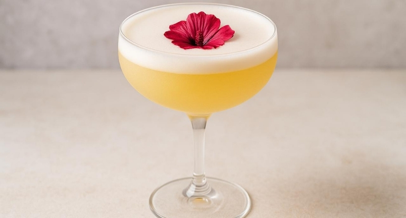 Ein Cocktailglas gefüllt mit einem gelben Drink, dekoriert mit einer roten Blüte auf der Schaumoberfläche