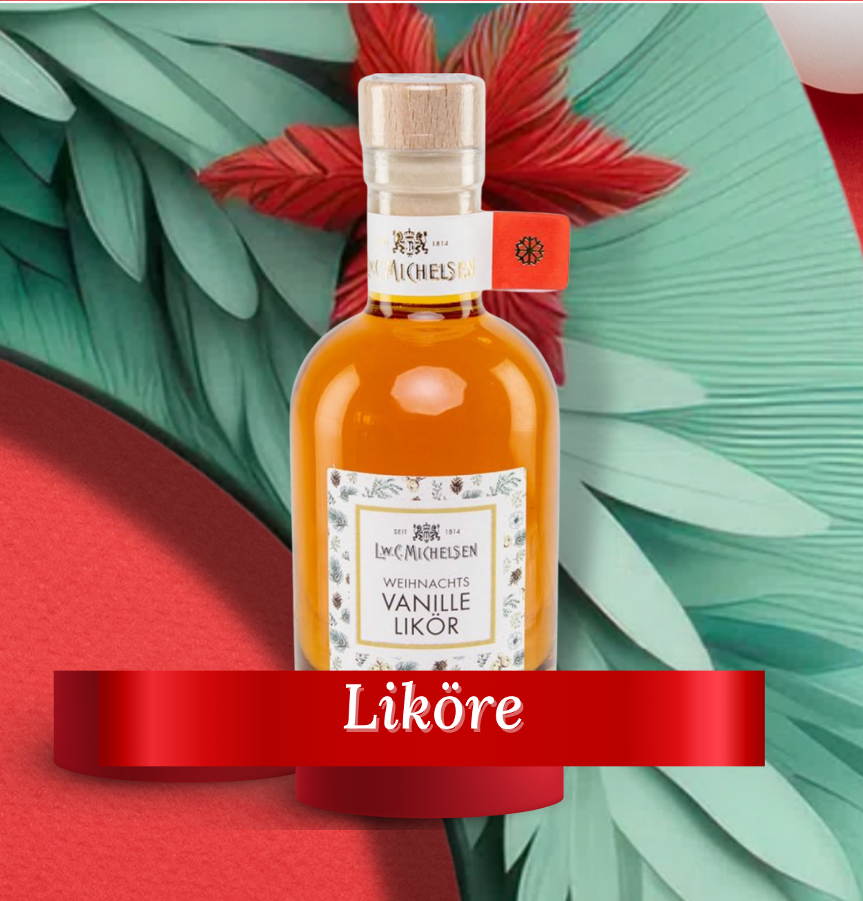 Flasche Weihnachts-Vanillelikör von L.W.C. Michelsen vor einem festlichen Hintergrund