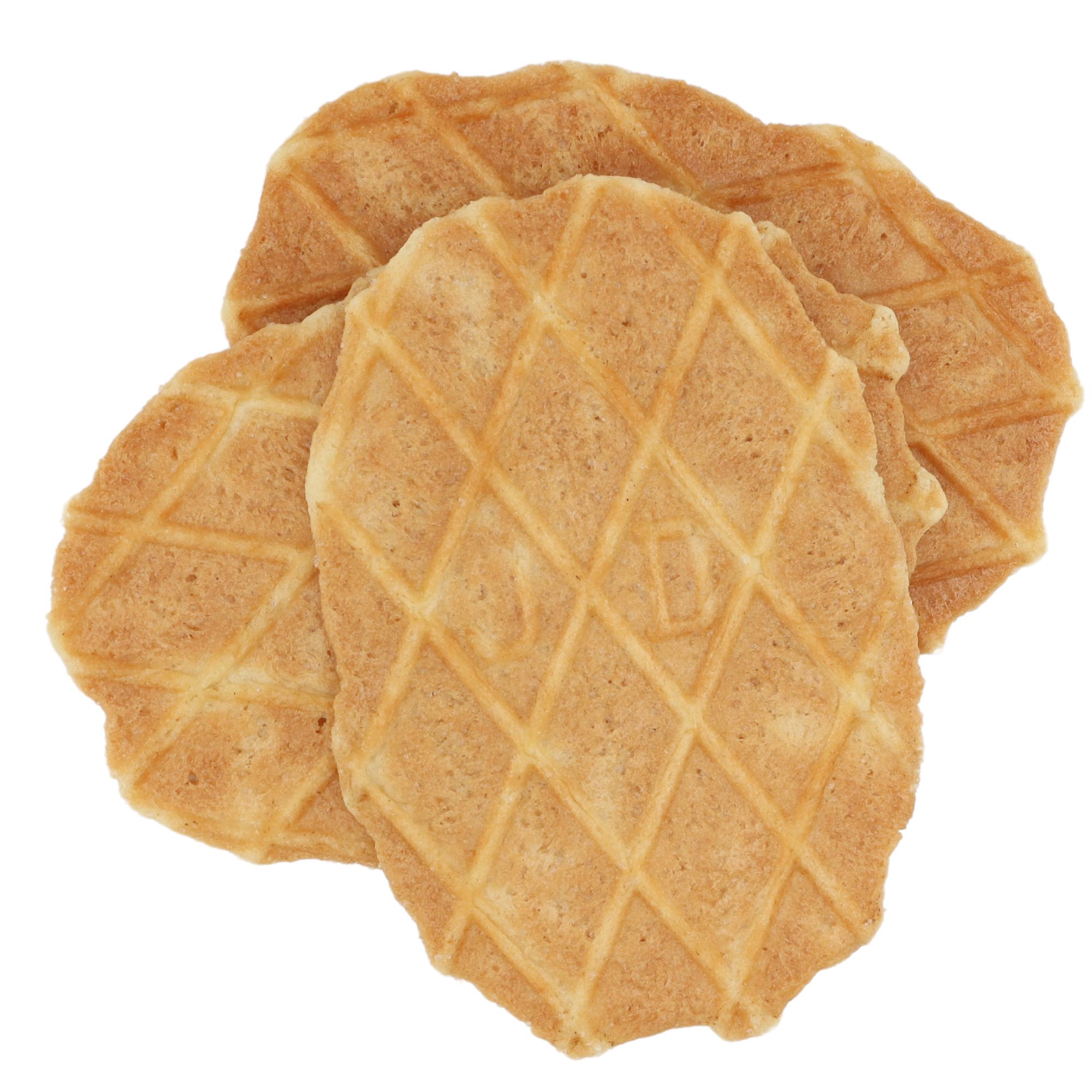 Drei knusprige Waffeln in runder Form mit zartem Muster, perfekt für den Snack zwischendurch.