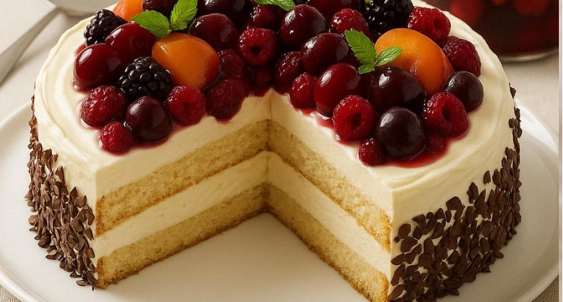 Sahnetorte mit frischen Beeren dekoriert, Tortenrand mit Schokolade verziert, auf einer weißen Platte serviert