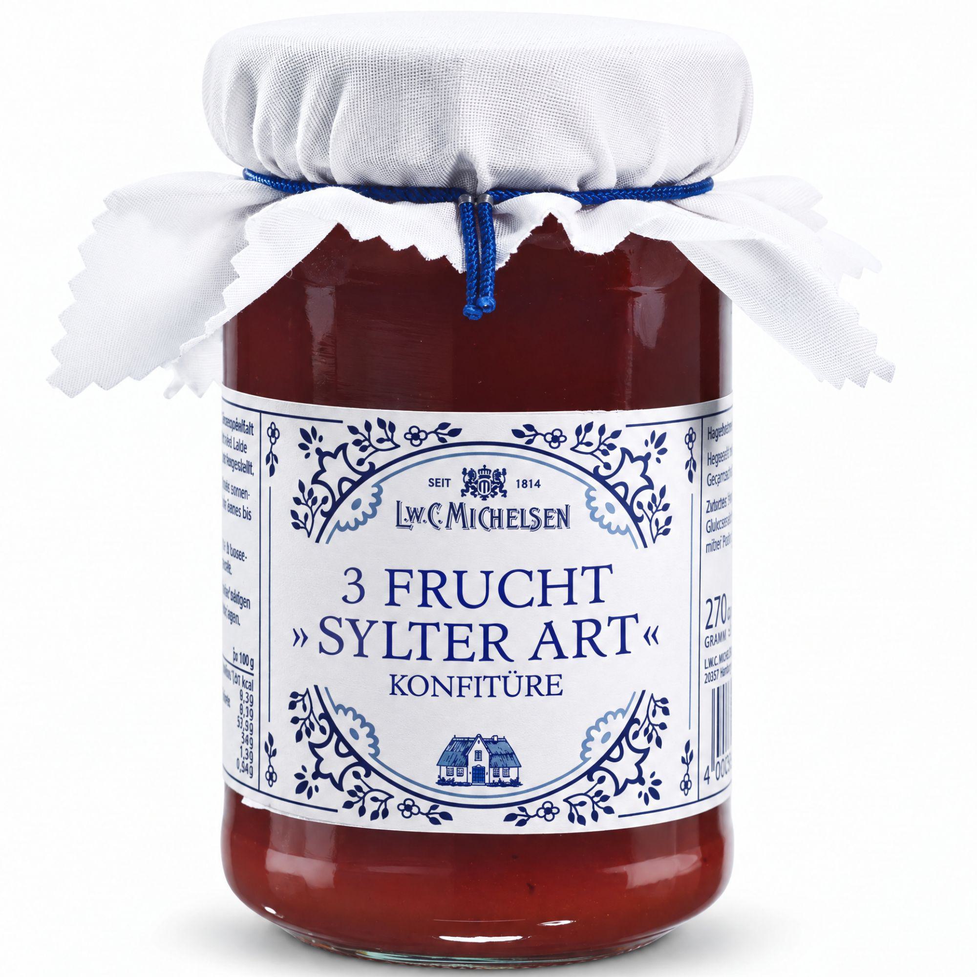 L.W.C. Michelsen 3 Frucht Sylter Art Konfitüre mit Stoffhaube