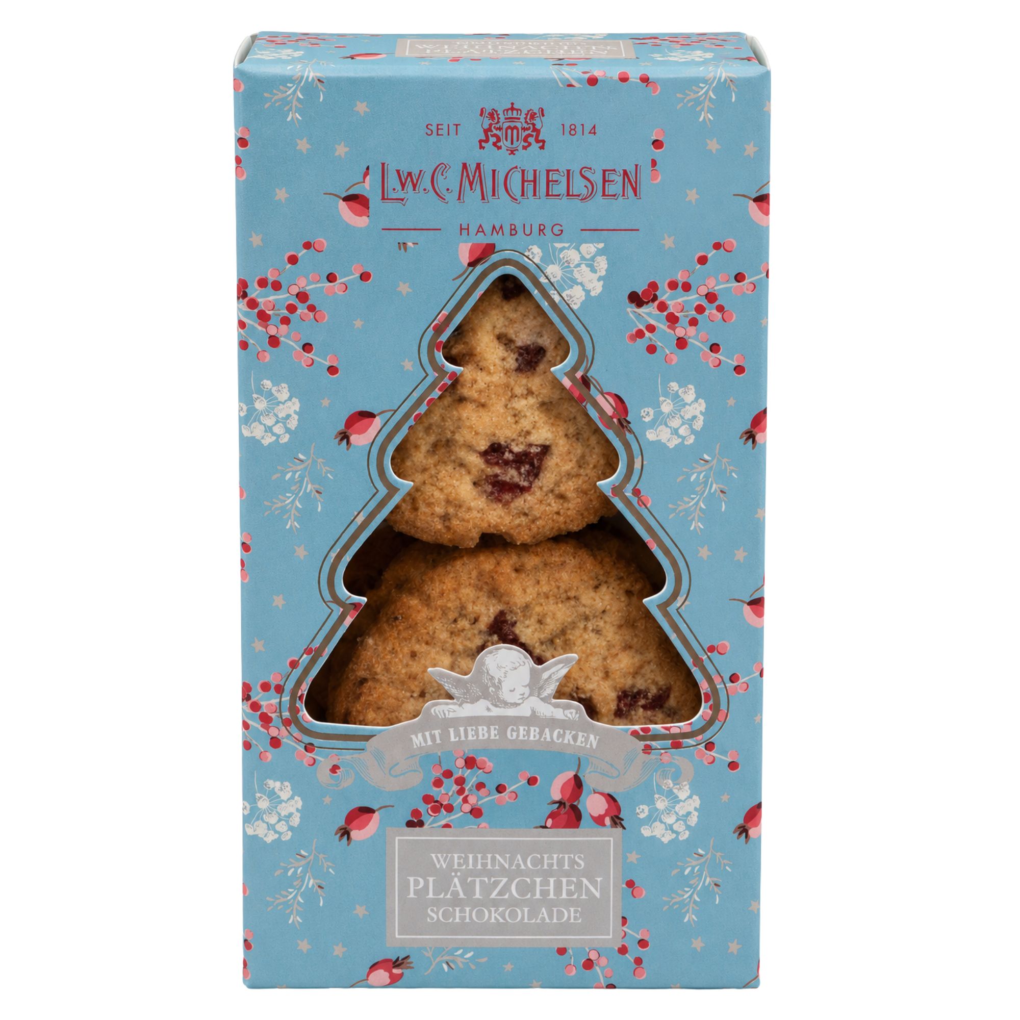 L.W.C. Michelsen Mini Weihnachtsplätzchen Schokolade in türkiser Box mit Tannenbaumfenster