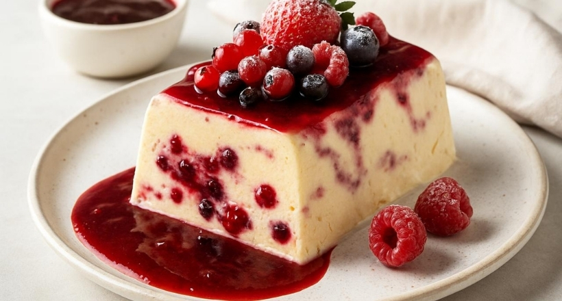 Glas-Dessert aus Erdbeeren und Joghurt, garniert mit Mandeln und Minzblättern