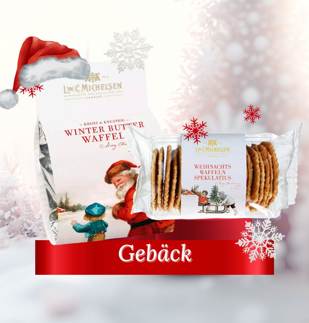 Weihnachtsgebäck-Set von L.W.C. Michelsen mit Winter Butter Waffeln und Spekulatius, dekoriert mit weihnachtlichen Motiven.