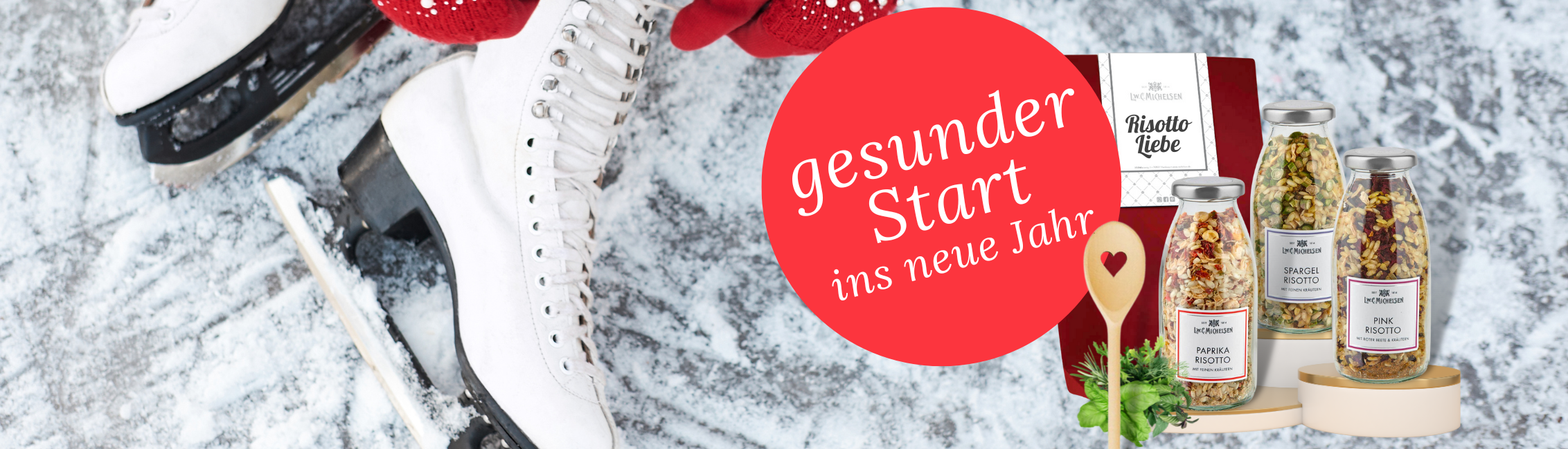 Eislaufschuhe neben Risotto-Sets für einen gesunden Start ins neue Jahr
