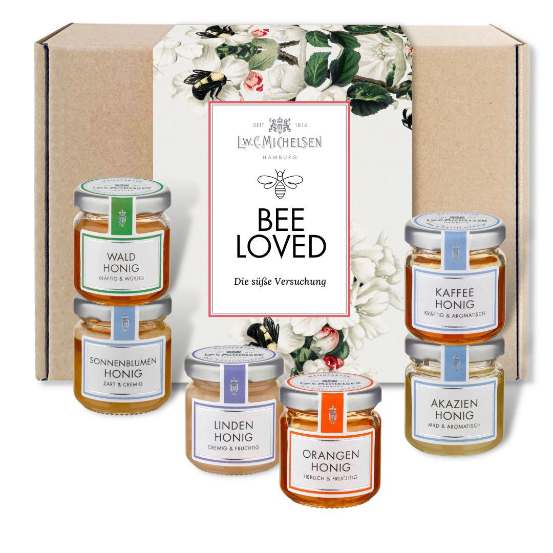 6er Set Honig - BEE Loved - Geschenk-Schachtel: Honigspezialitäten für süße Liebeserklärungen