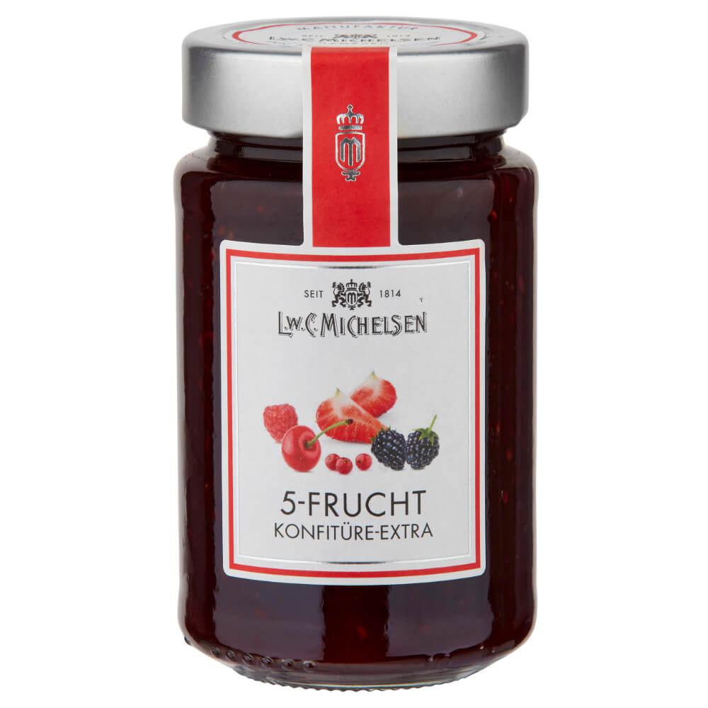 5-Frucht Konfitüre: Unsere erlesene 5-Frucht Konfitüre vereint die Aromen von Erdbeeren, Kirschen, Himbeeren, schwarzen...