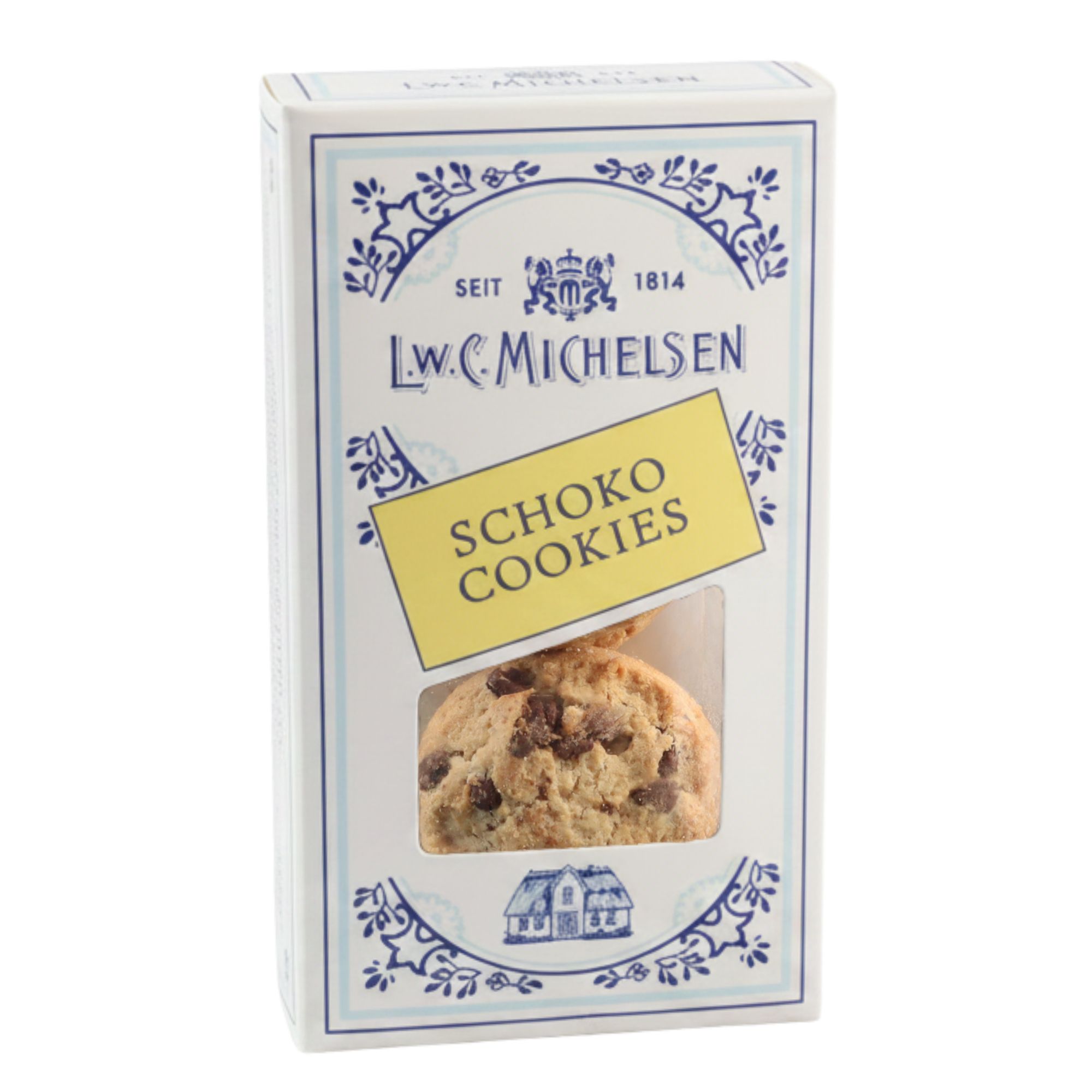 L.W.C. Michelsen Schoko Cookies in weißer Faltschachtel mit blauem Dekor und Sichtfenster