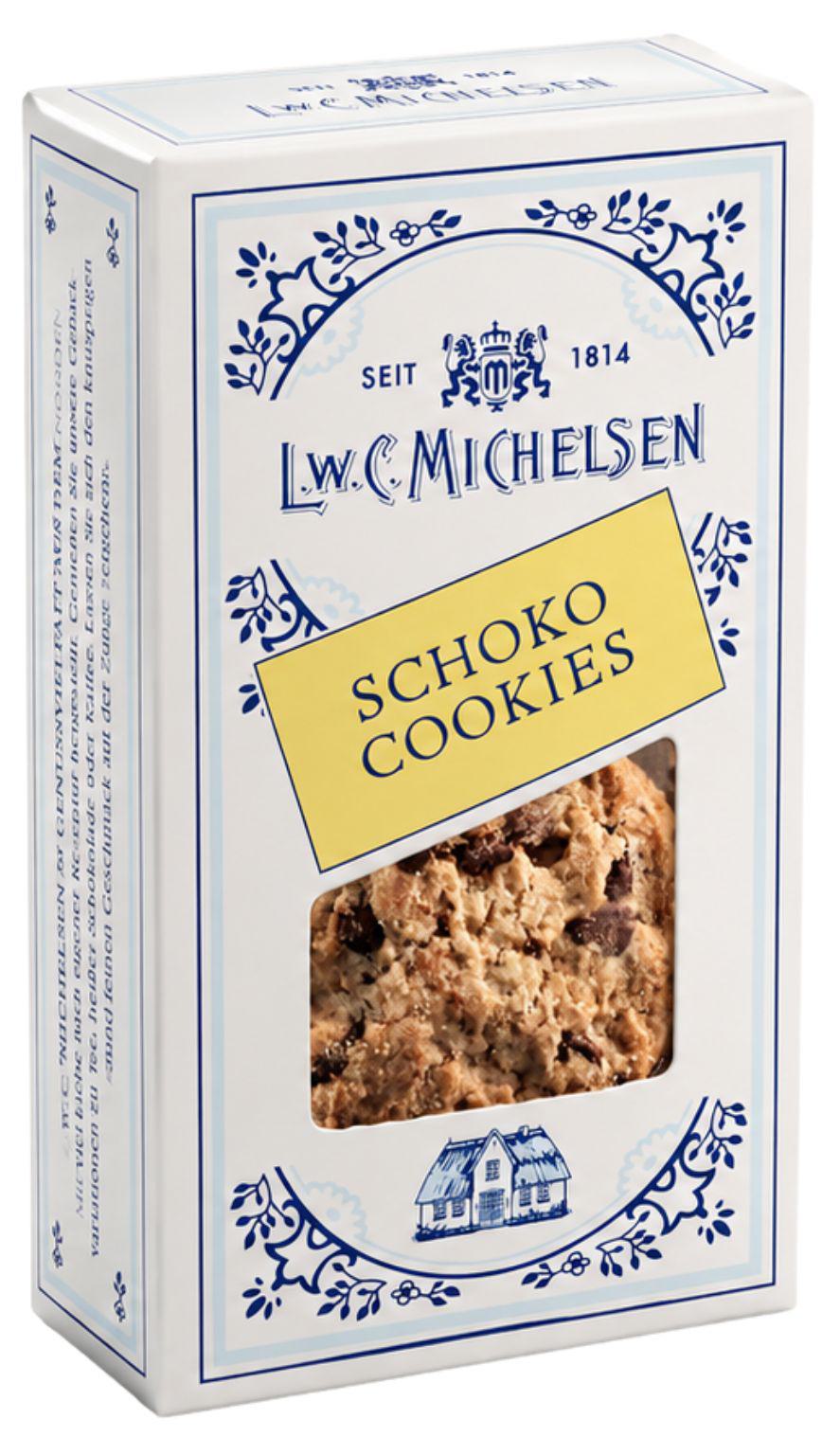 L.W.C. Michelsen Schoko Cookies in weißer Faltschachtel mit blauem Dekor und Sichtfenster