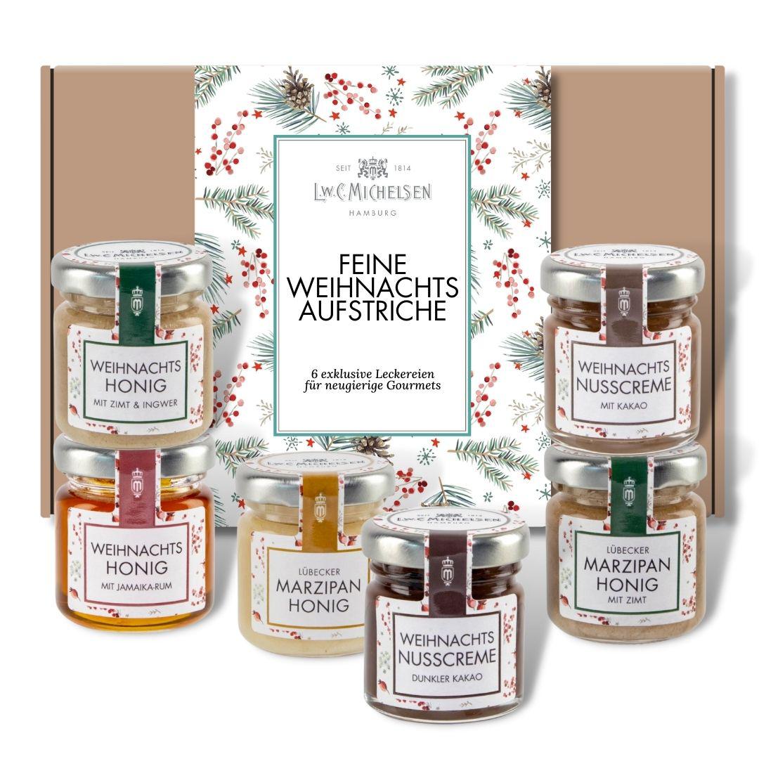 6er Weihnachtsset - Geschenk-Schachtel: Festliche Honig- und Nuss-Cremes für süße Genussmomente