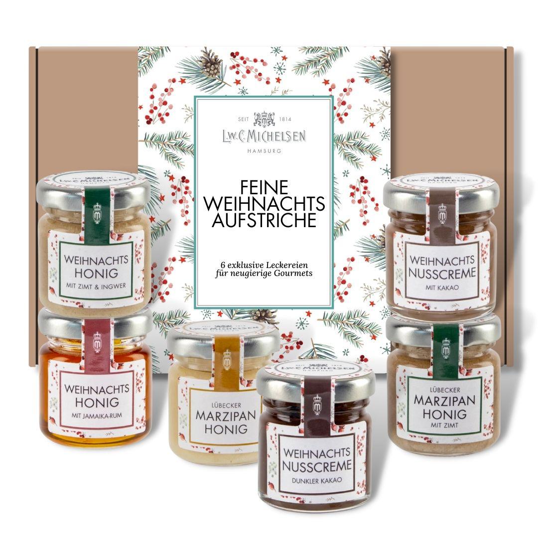 6er Weihnachtsset - Geschenk-Schachtel: Festliche Honig- und Nuss-Cremes für süße Genussmomente