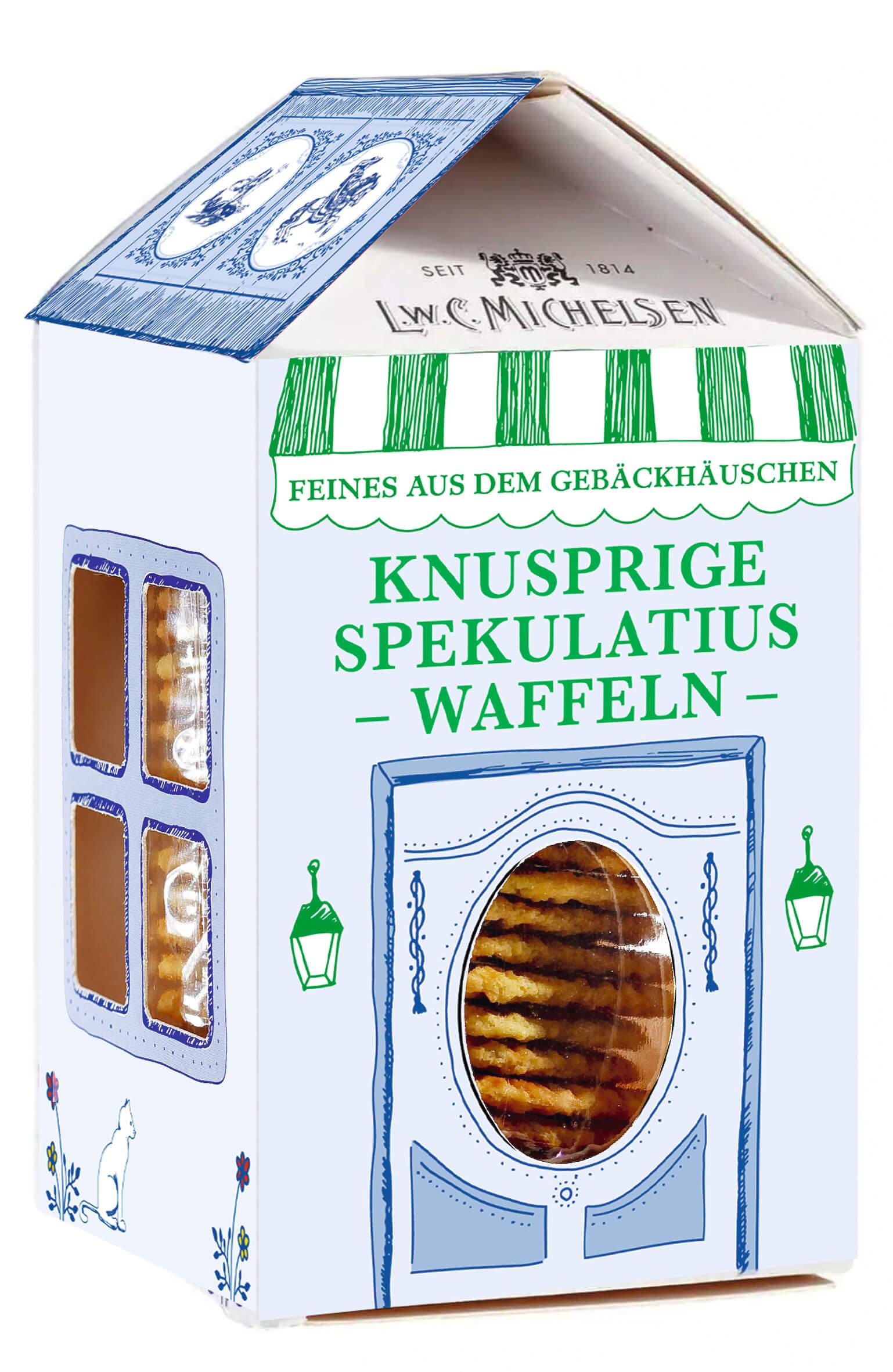 Verpackung „Knusprige Spekulatius-Waffeln“ von L.W.C. Michelsen in Häuschenform mit Sichtfenster und blauer Illustration