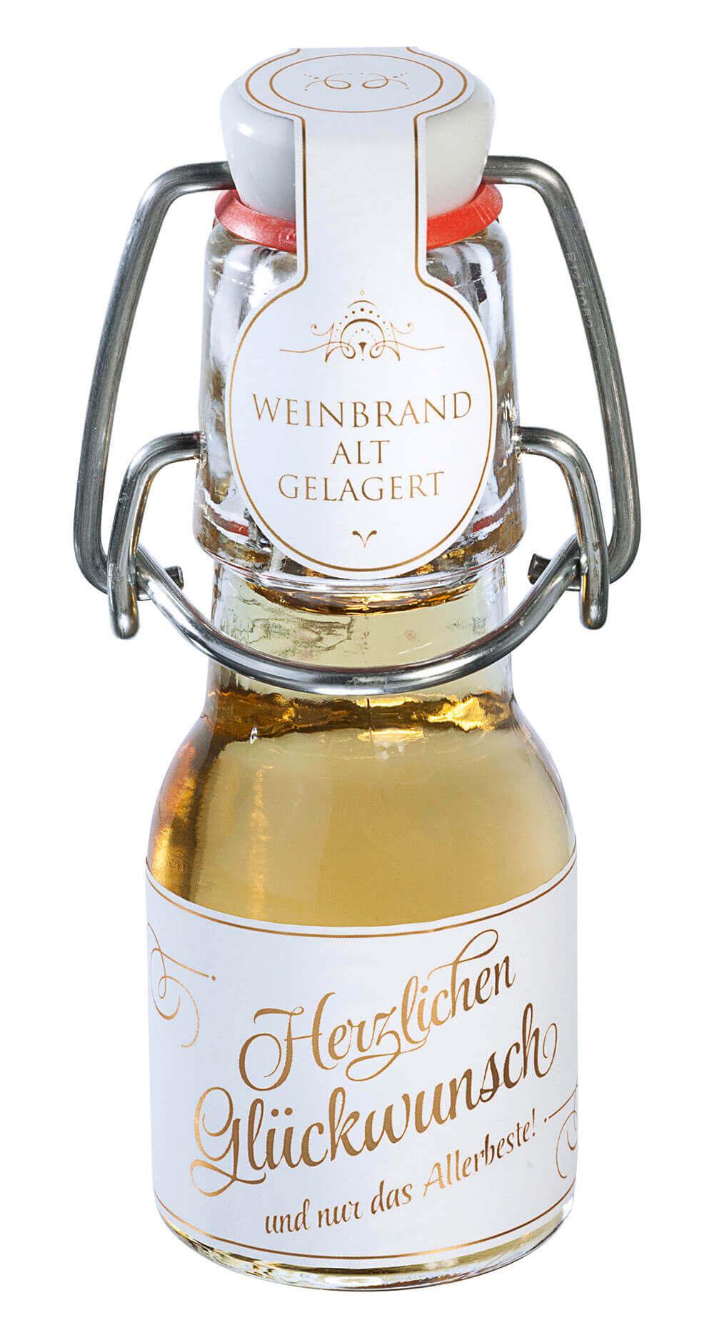 Herzlichen Glückwunsch -mini-: Unsere kleinen Spaßmacher, gefüllt mit edlem Weinbrand, sind ein wahres Highlight für jeden...