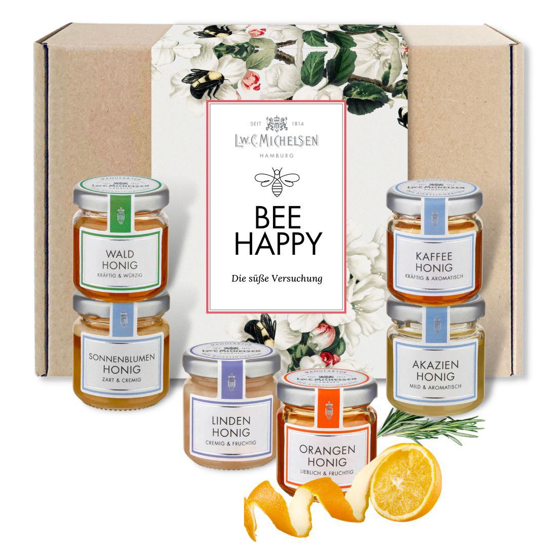 6er Set Honig - BEE Happy - Geschenk-Schachtel: Glücksmomente in Honigform