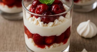 Rumtopf-Schichtdessert mit Vanillequark & Baiser – fruchtig, cremig, knusprig