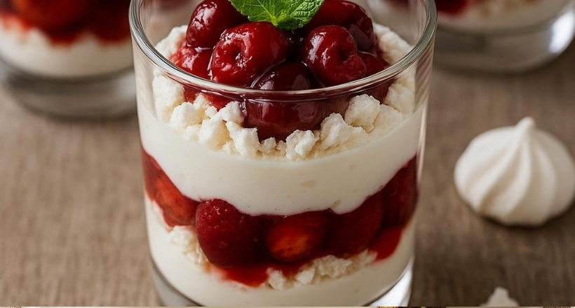 Ein elegantes Dessert im Glas mit Schichten von Sahne, Meringue und saftigen Kirschen, dekoriert mit einem Minzblatt.