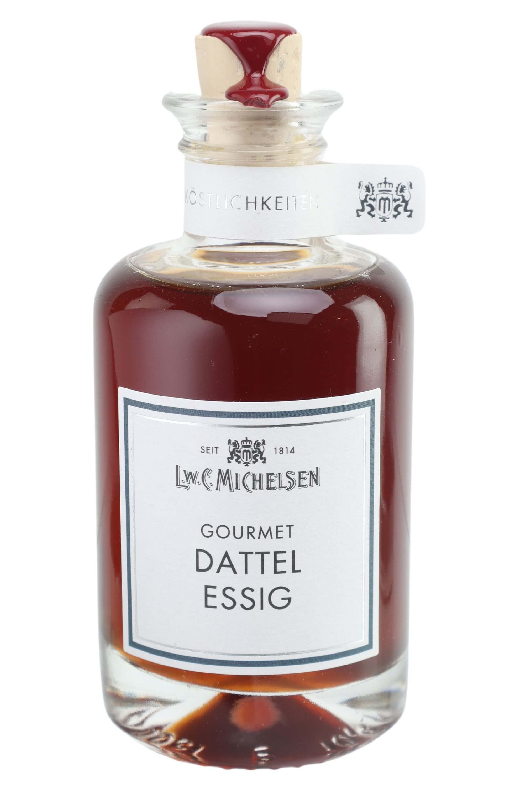 Gourmet Dattel Essig von L.W.C. Michelsen in edler Glasflasche mit Korkverschluss und rotem Wachssiegel – aromatischer Feinkostessig