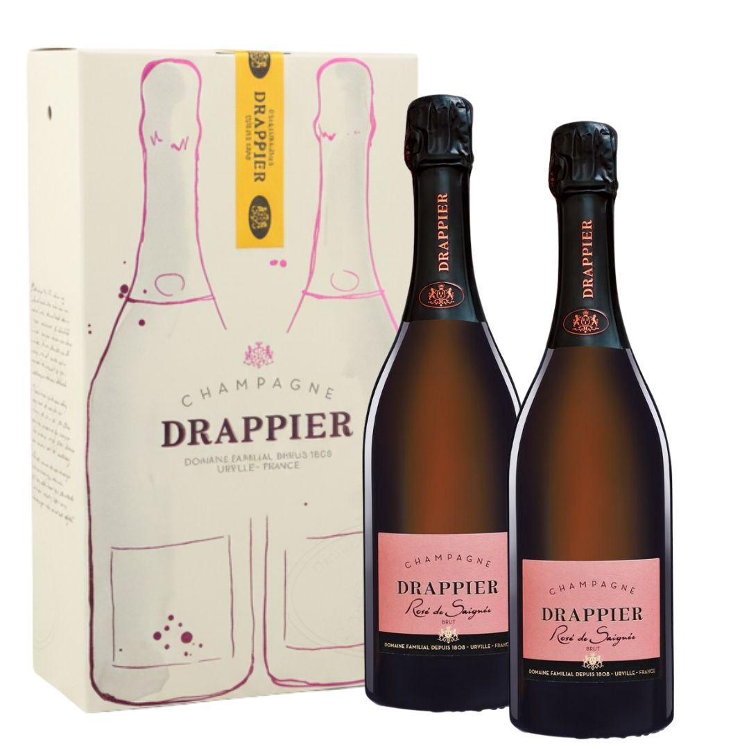 Zwei Flaschen Champagne Drappier Rosé de Saignée Brut mit weißer Geschenkverpackung