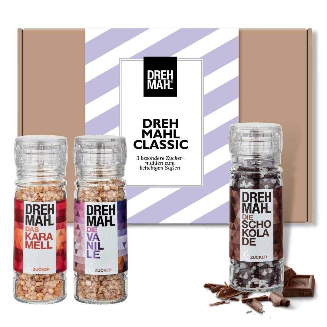 3er Set DREHMAHL "Classic" - Geschenk-Schachtel: Aromatische Zuckermühlen für süße Veredelung