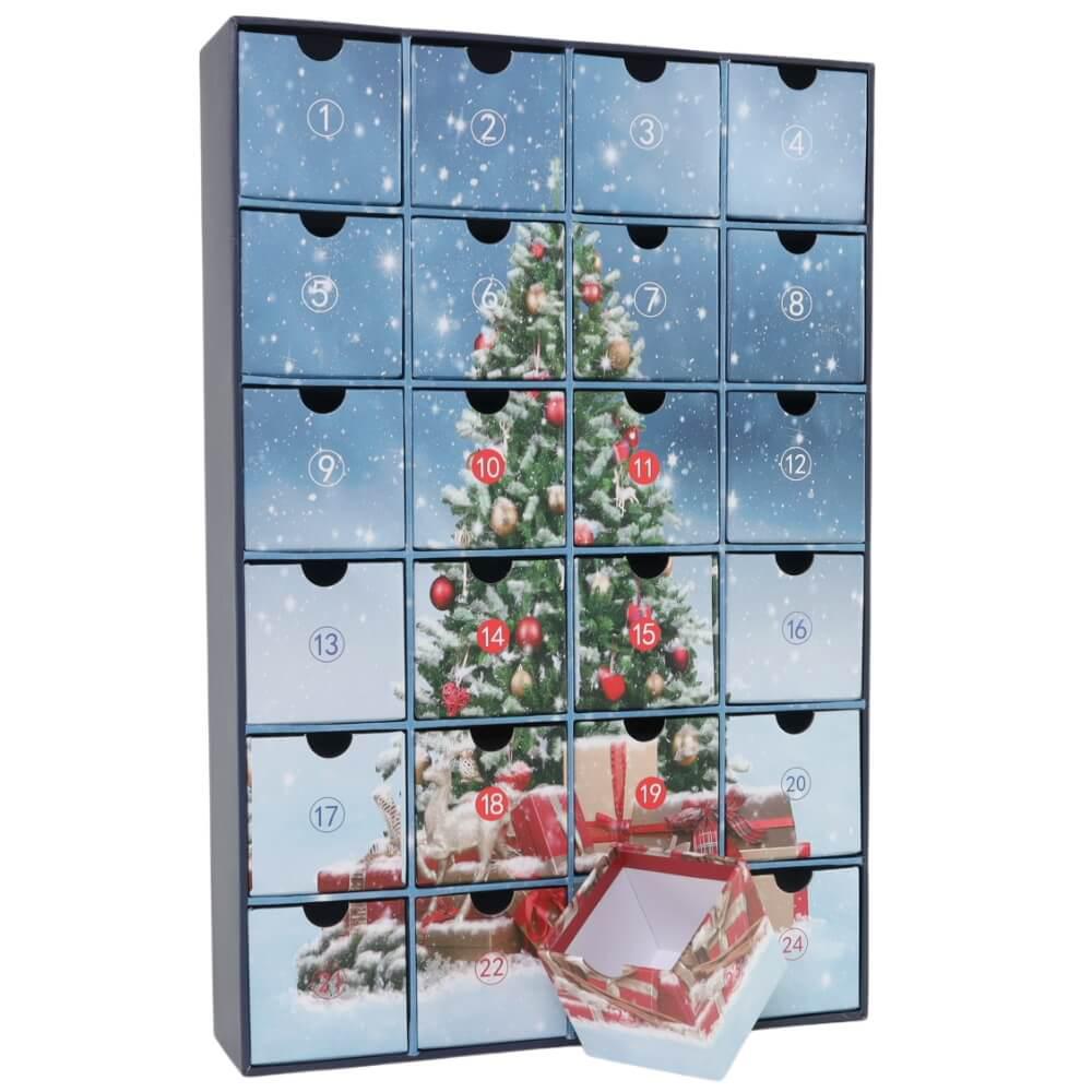 Hochwertiger Adventskalender mit Christbaum-Motiv – 24 Schubladen für individuelle Füllungen