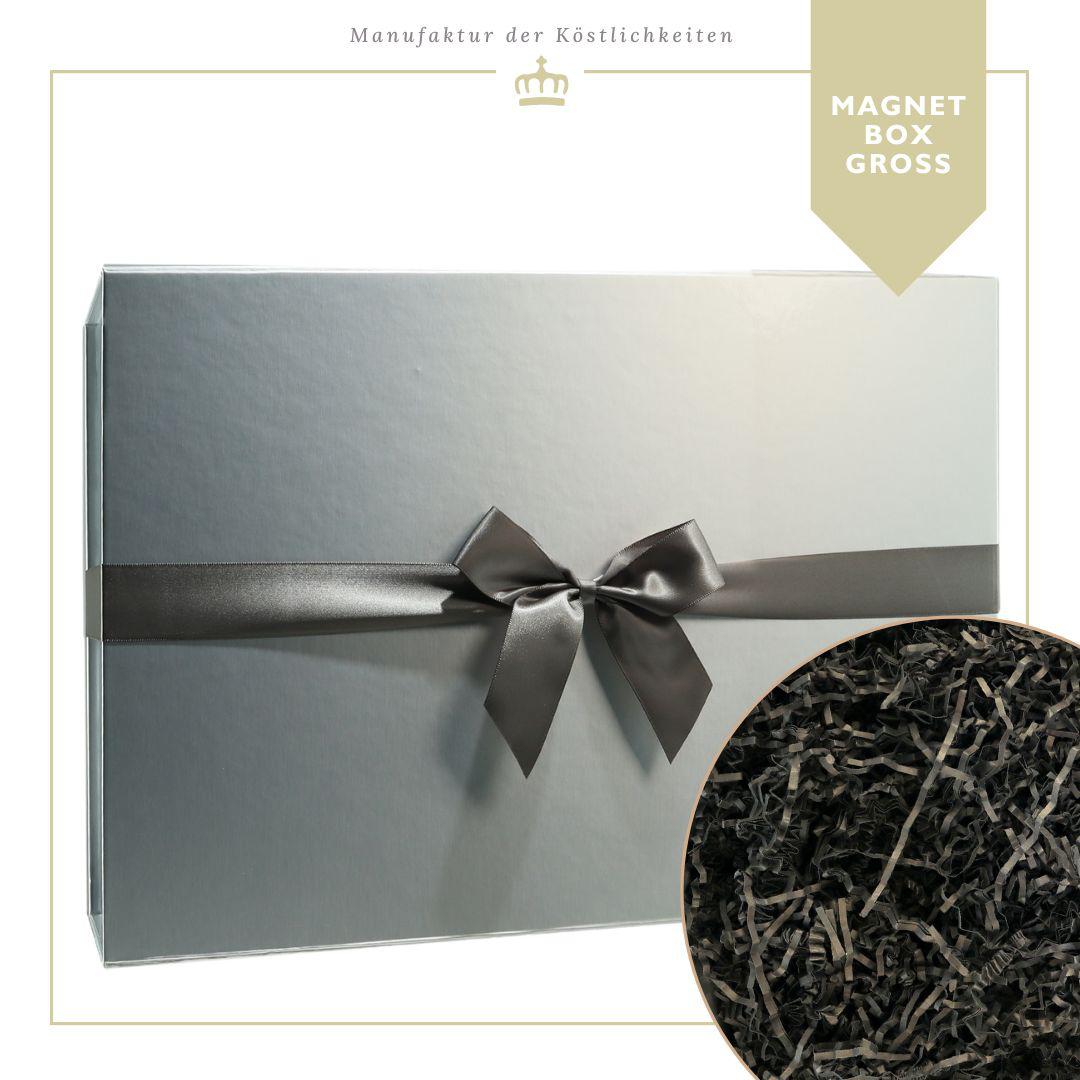 Magnetbox große Größe in Silber mit dunkelgrauer Seidenschleife mit schwarzem Füllmaterial