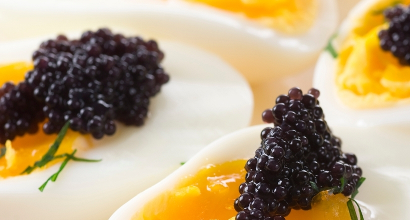 Nahaufnahme von gekochten Eiern mit schwarzem Kaviar als edle Vorspeise