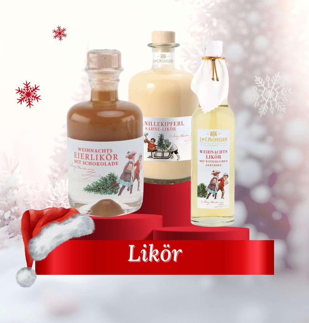 Drei festliche Likörflaschen mit Weihnachtsmotiven, darunter Eierlikör mit Schokolade, Vanillekipferl-Sahne und Likör mit winterlichen Gewürzen