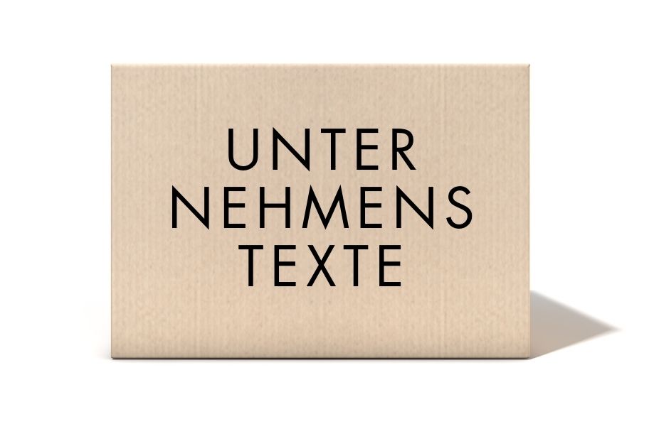 Braune Box mit dem Schriftzug 'Unternehmenstexte'