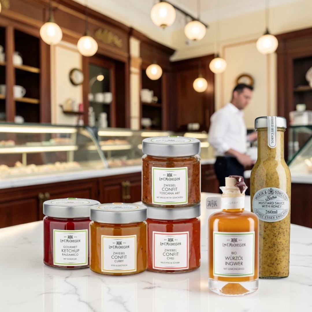 Michelsen Grill-Sortiment: Zwiebel-Confits, Bio-Würzöl, Senfsauce und Balsamico-Ketchup