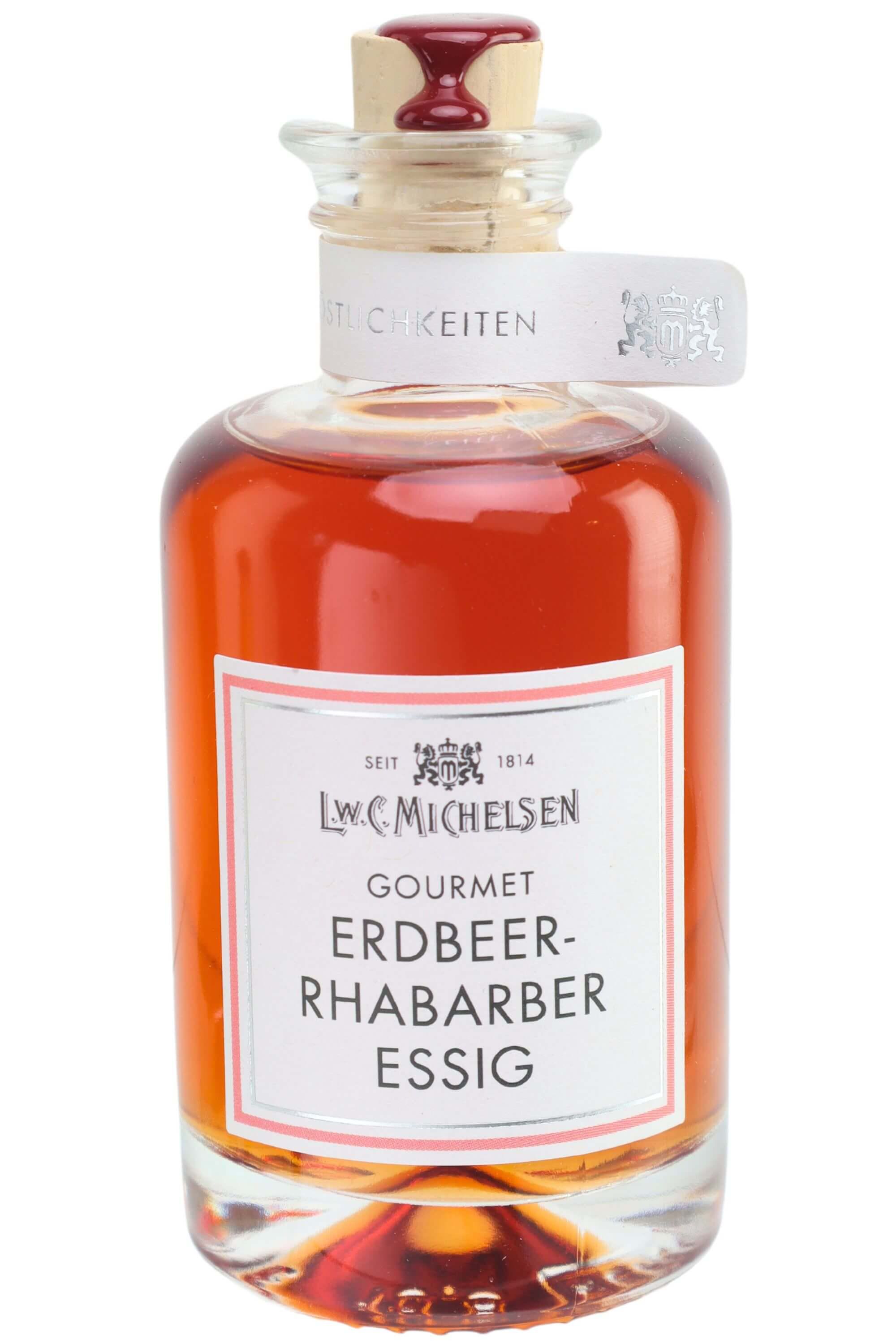 Gourmet Erdbeer-Rhabarber Essig von L.W.C. Michelsen in edler Glasflasche mit Korkverschluss und rotem Wachssiegel – fruchtiger Feinkostessig