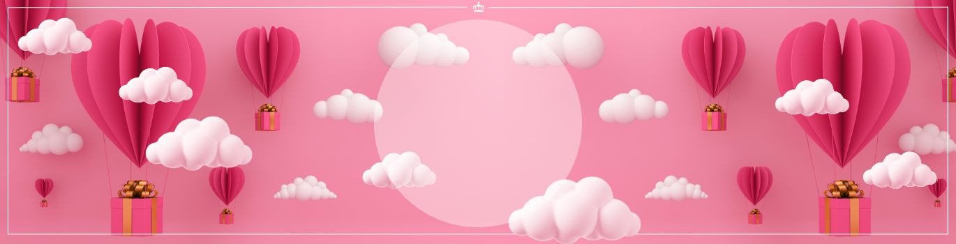 Rosa Herzballons mit Geschenken schweben zwischen Wolken auf einem rosa Hintergrund