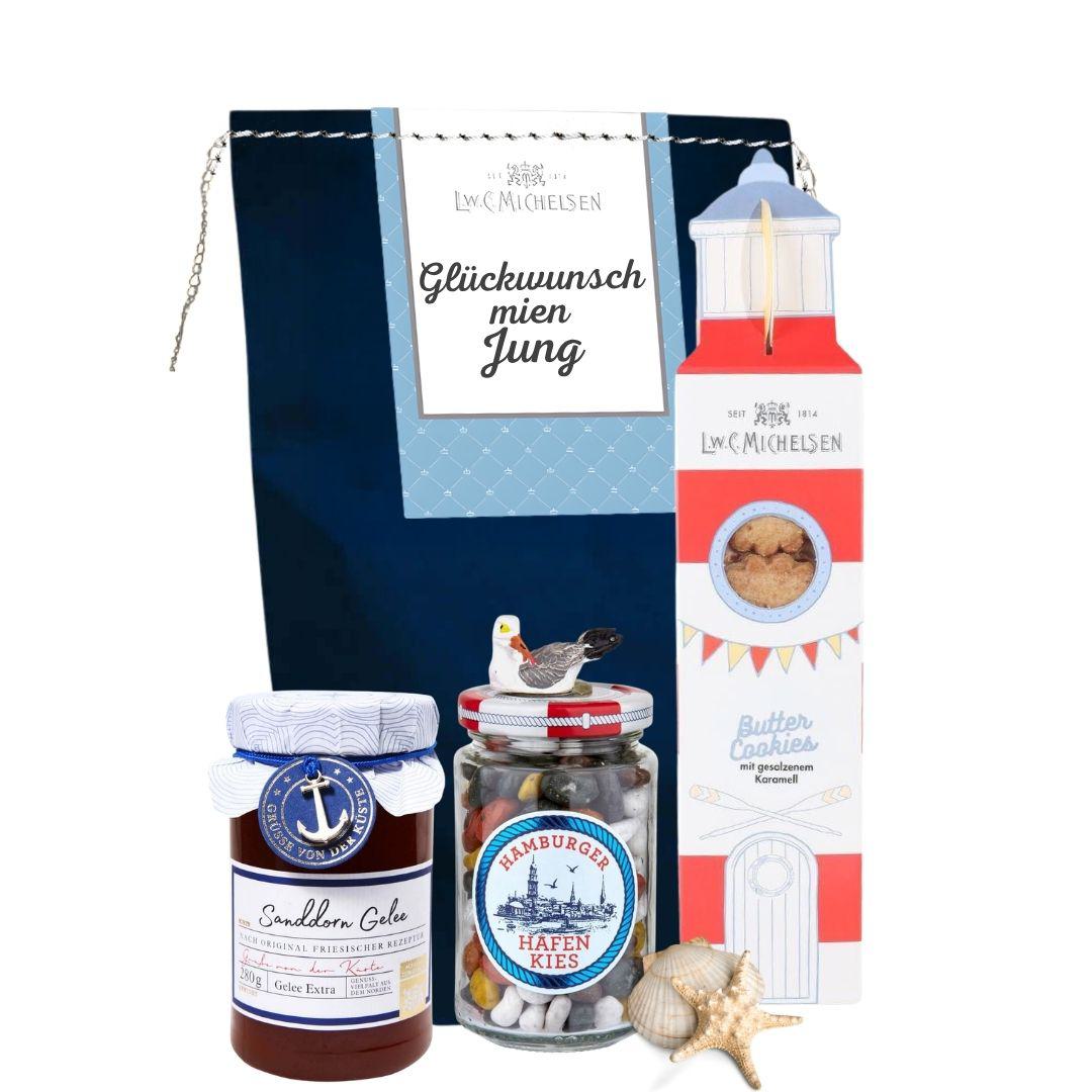 Geschenkset „Glückwunsch mien Jung" mit Sanddorn Gelee, Hafen Kies und Butter Cookies