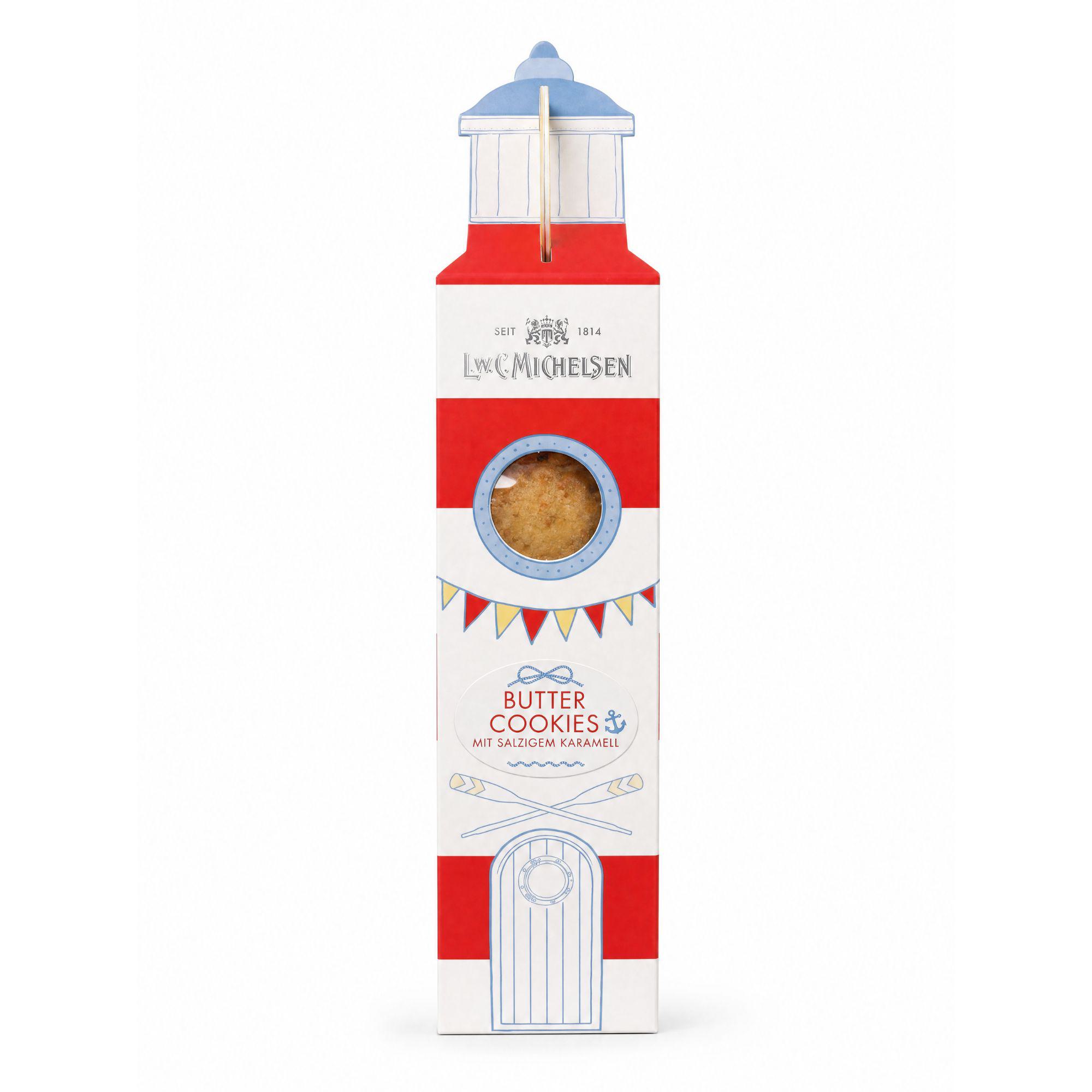 Butter Cookies mit salzigem Karamell in maritimer Leuchtturm-Box