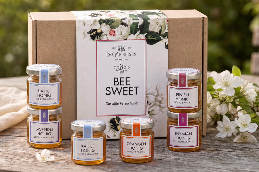 Firmenpräsent “Bee Sweet” — 6er-Set Honig in der Michelsen-Geschenkbox