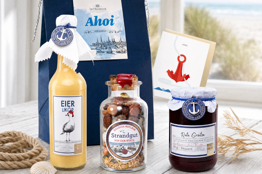 Firmenpräsent “Moin Hamburg” — Eierlikör, Strandgut-Knabbermischung und Rote Grütze in der maritimen Ahoi-Geschenktüte