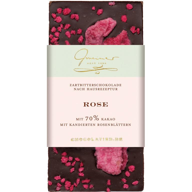 Zartbitterschokolade Rose mit kandierten Rosenblüten und Rosenöl, handgeschöpft von der Confiserie Gmeiner.