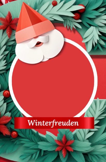 Grußkarte mit Papercut-Weihnachtsmann und einem Band mit dem Schriftzug 'Winterfreuden' umgeben von winterlichen Pflanzen