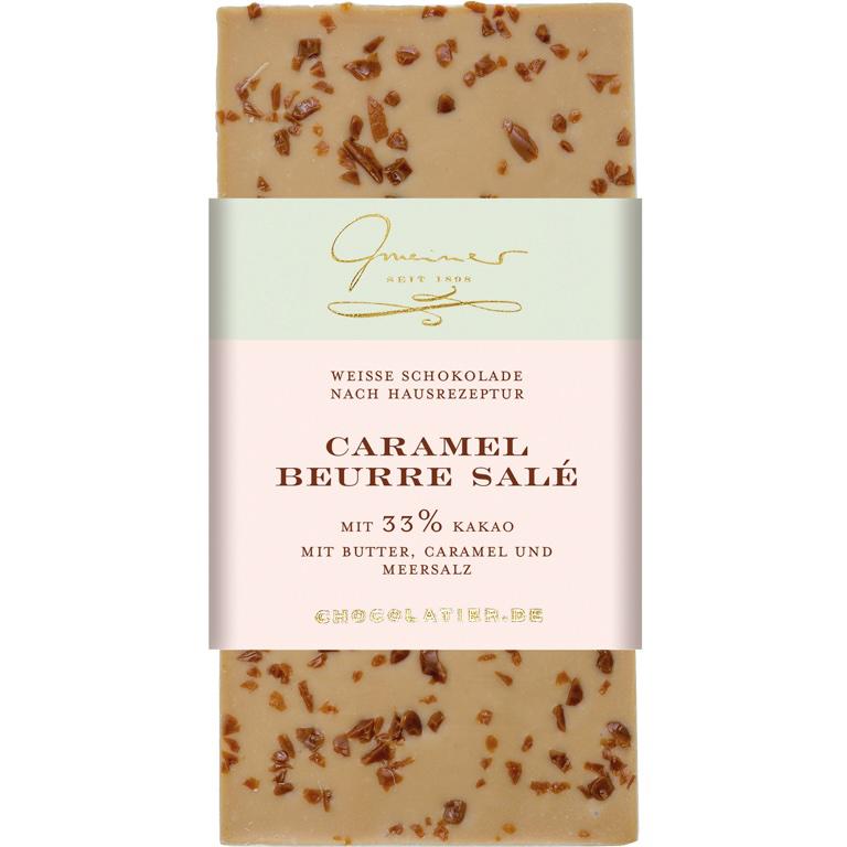 Tafel blonde Schokolade Caramel Beurre Salé mit Karamellsplittern und Fleur de Sel, handgeschöpft von Confiserie Gmeiner.