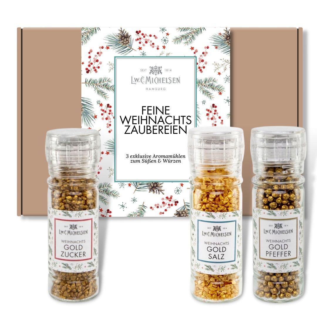 3er Set DREHMAHL-Set GOLD - Geschenk-Schachtel: Glanzvolle Zuckermühlen für stilvolle Süße