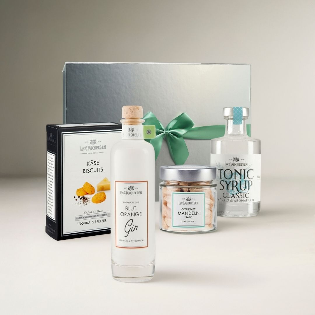 Michelsen Geschenkset mit Blutorange-Gin, Tonic Syrup Classic, Gourmet-Mandeln Salz und Käse Biscuits Gouda & Pfeffer.
