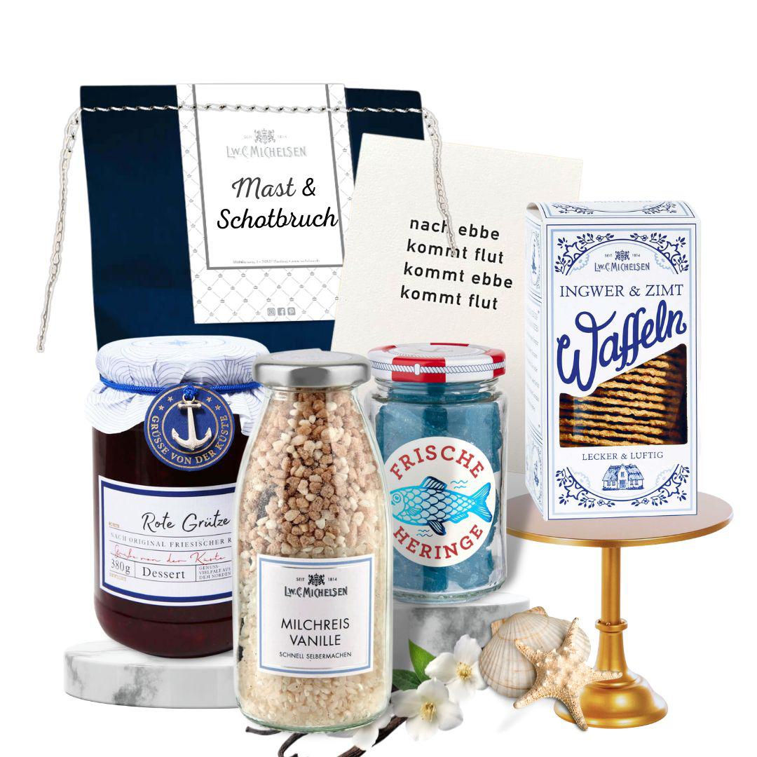 Geschenktüte „Mast & Schotbruch" mit Rote Grütze, Frische Heringe, Milchreis Vanille und Ingwer-Zimt-Waffeln
