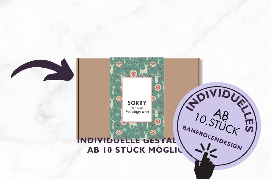 Paket mit Entschuldigungsschriftzug und weihnachtlichem Design, individuell gestaltbar ab 10 Stück