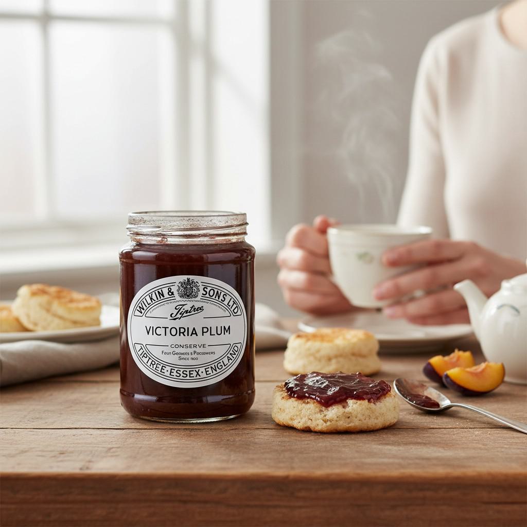 Ein Glas „Victoria Plum“-Pflaumenkonfitüre steht auf einem Holztisch, daneben ein Scone mit aufgestrichener Marmelade.